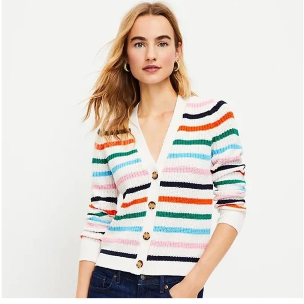 LOFT Stripe Ribbed V-Neck Cardigan Sweater NWT Medium